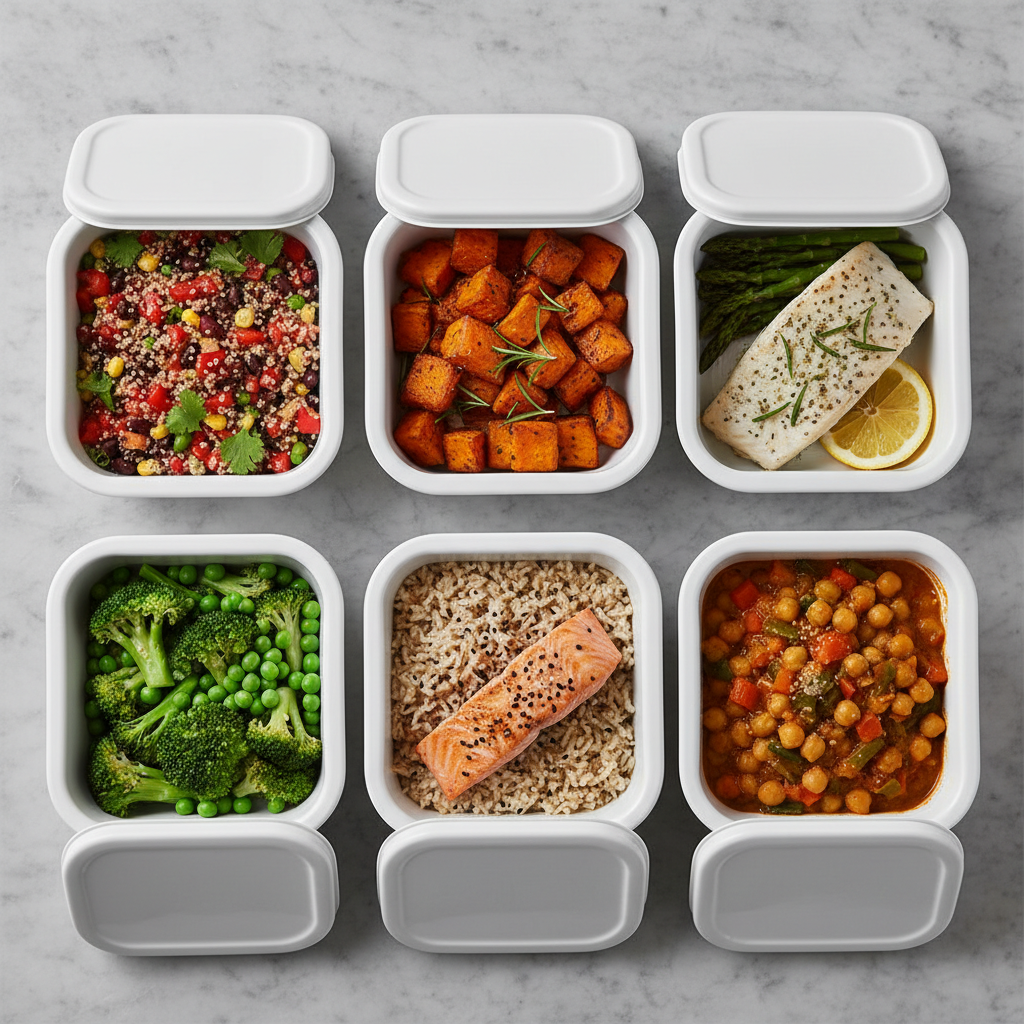 A set of pristine white ceramic meal prep containers, each perfectly filled with colorful vegetarian and pescatarian dishes, such as quinoa salad, roasted sweet potato, lemon-herb grilled fish, and steamed broccoli. The containers rest on a matte stone countertop with a subtle marbled finish, arranged in a grid pattern that emphasizes structured layout and clean composition. Soft overhead studio lighting creates gentle highlights and delicate shadows, reinforcing a mood of professional precision and order. The scene is shot from directly above, with sharp focus throughout, lending a balanced, photographic, and corporate aesthetic. This clean and modern image underscores the ideals of organized meal planning for a health-conscious audience.
